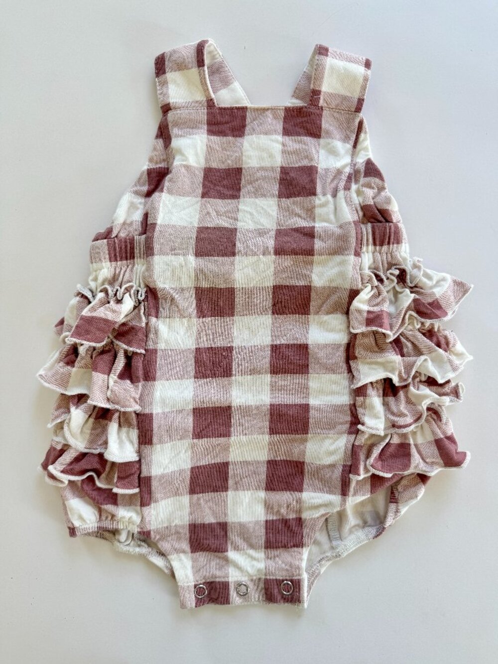 Kate Quinn Bamboo Gingham Ruffle Bubble Romper Crisscross Straps Mauve 6-12M